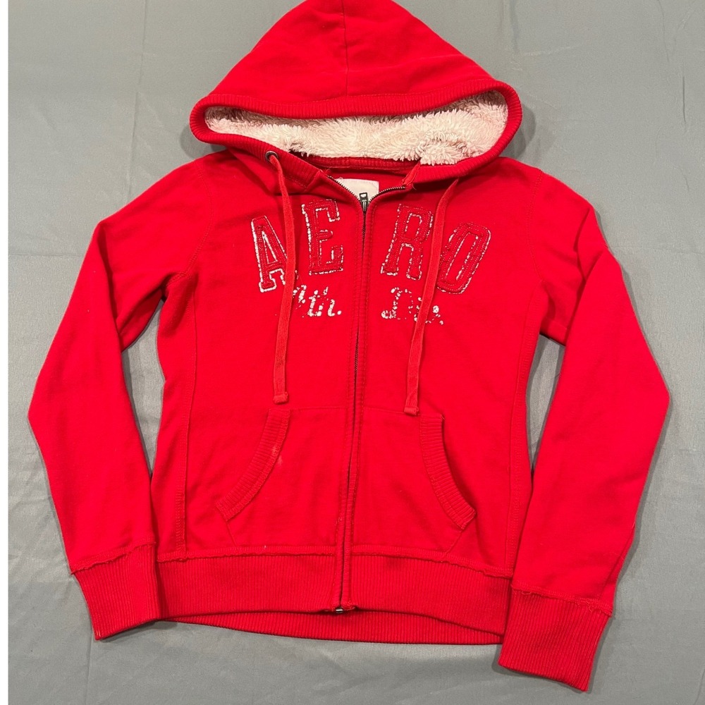 Aeropostale Red Zip Up Hoodie Sherpa Lined Hood Glitter Logo Y2K XS